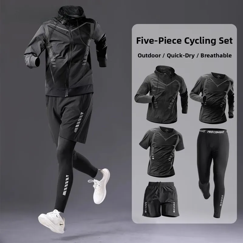 

High-End Men's Sportswear Set Spring Summer 2026 New Running Cycling Fitn Morning Run Five-Piece Set Youth Long Sve
