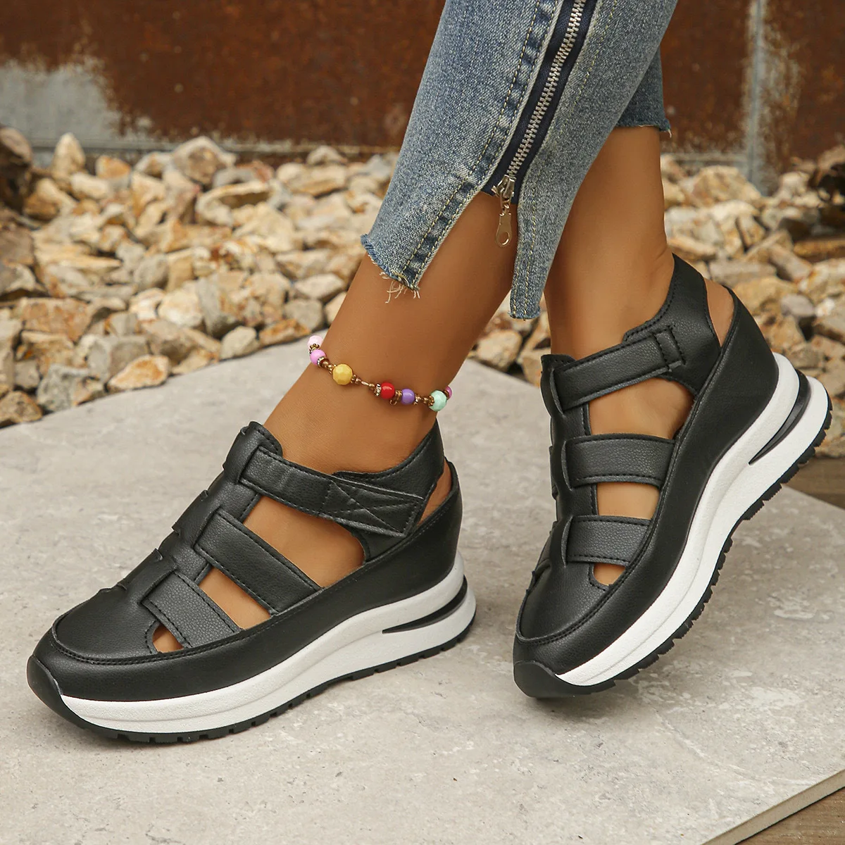 Summer New Women Roman Sandals European Style Hook And Loop Slide Shoes Plus Size 44