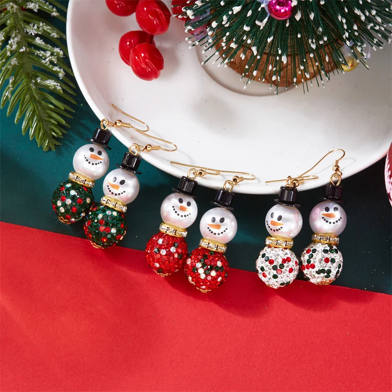 Enchanting Christmas Crystal Snowman Earrings for Women 1.5 by 5 cm Size Red and Green Colors Delightful Holiday Jewelry