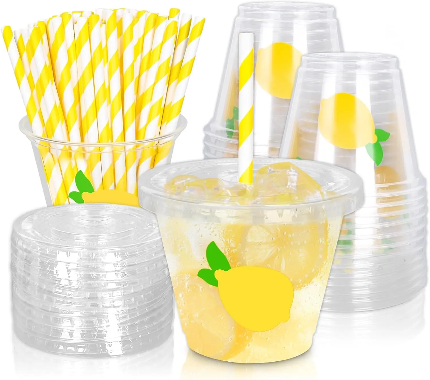 

100Pcs Lemon Disposable Plastic Cups with Lids and Straws 9Oz Party Cups Yellow Lemon Cold Beverage Drinking Cups for Ic