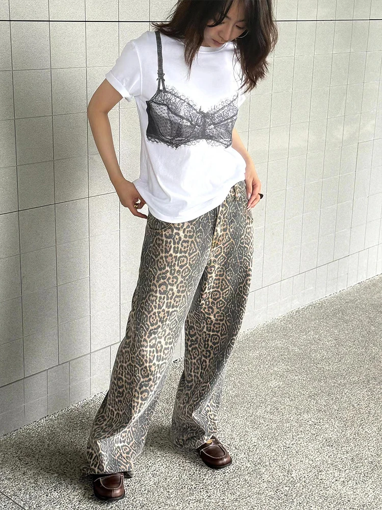 Vintage Leopard Print Jeans Women Baggy High Waist Y2k Streetwear Hip Hop Wide Leg Pants Harajuku Casual Denim Trousers