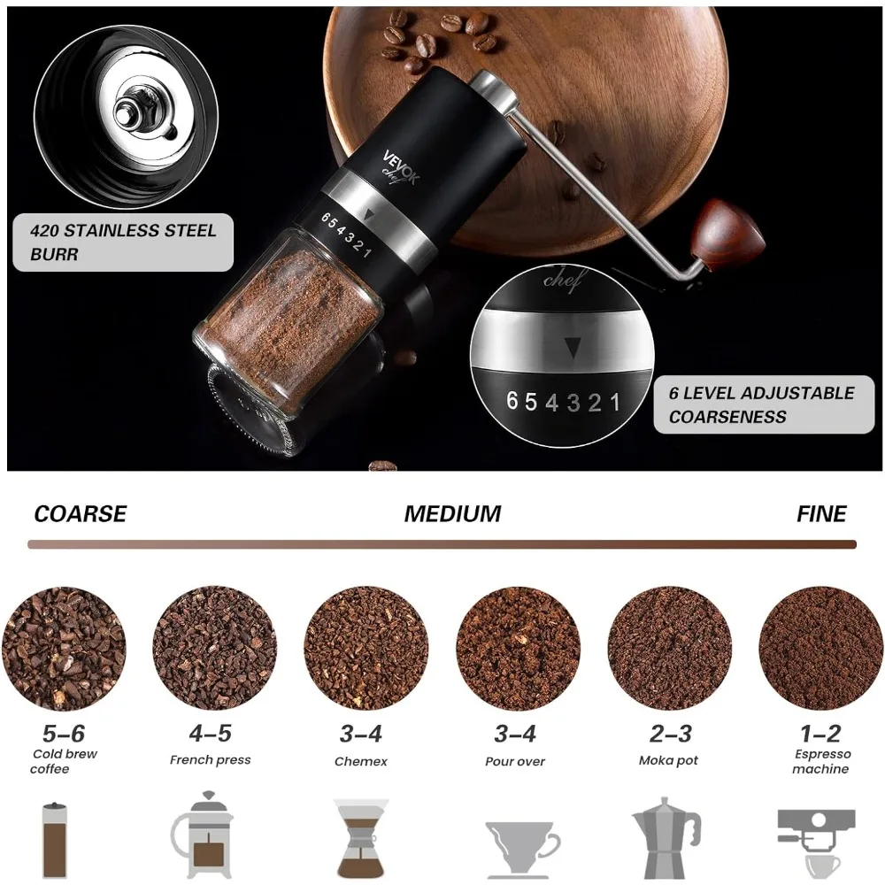 VEVOK CHEF Manual Coffee Grinder Hand Coffee Grinder 6External Adjustable Setting Stainless Steel Conical Burr Coffee Mill