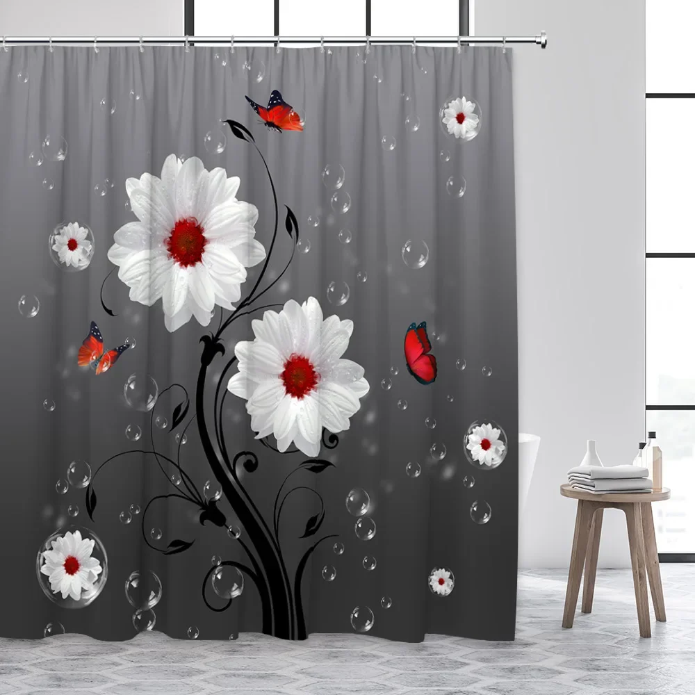 White Daisy Flowers Shower Curtains Butterfly Creative Floral Bubble Black Gray Ombre Backdrop Fabric Bathroom Decor with Hooks