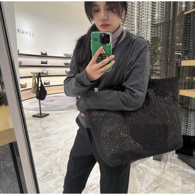 Woven Drawstring Bag Double-layer Hollow Lightweight Shoulder Bag Large Capacity Supermarket Shopping Eco-friendly Tote Bag New