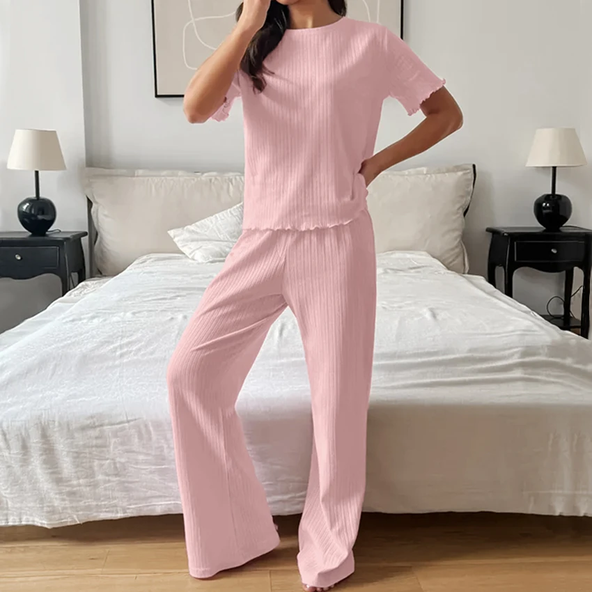 

Hiloc Casual Pink O Neck Tees With Pants Set Pajamas For Women Home Summer Short Sleeve Top With Loose Trousers 2 Piece Sets
