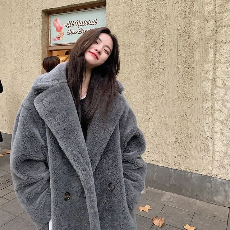 Lamb wool coat women\'s winter warm teddy bear coat long loose cotton thickened lazy fur coat trendy