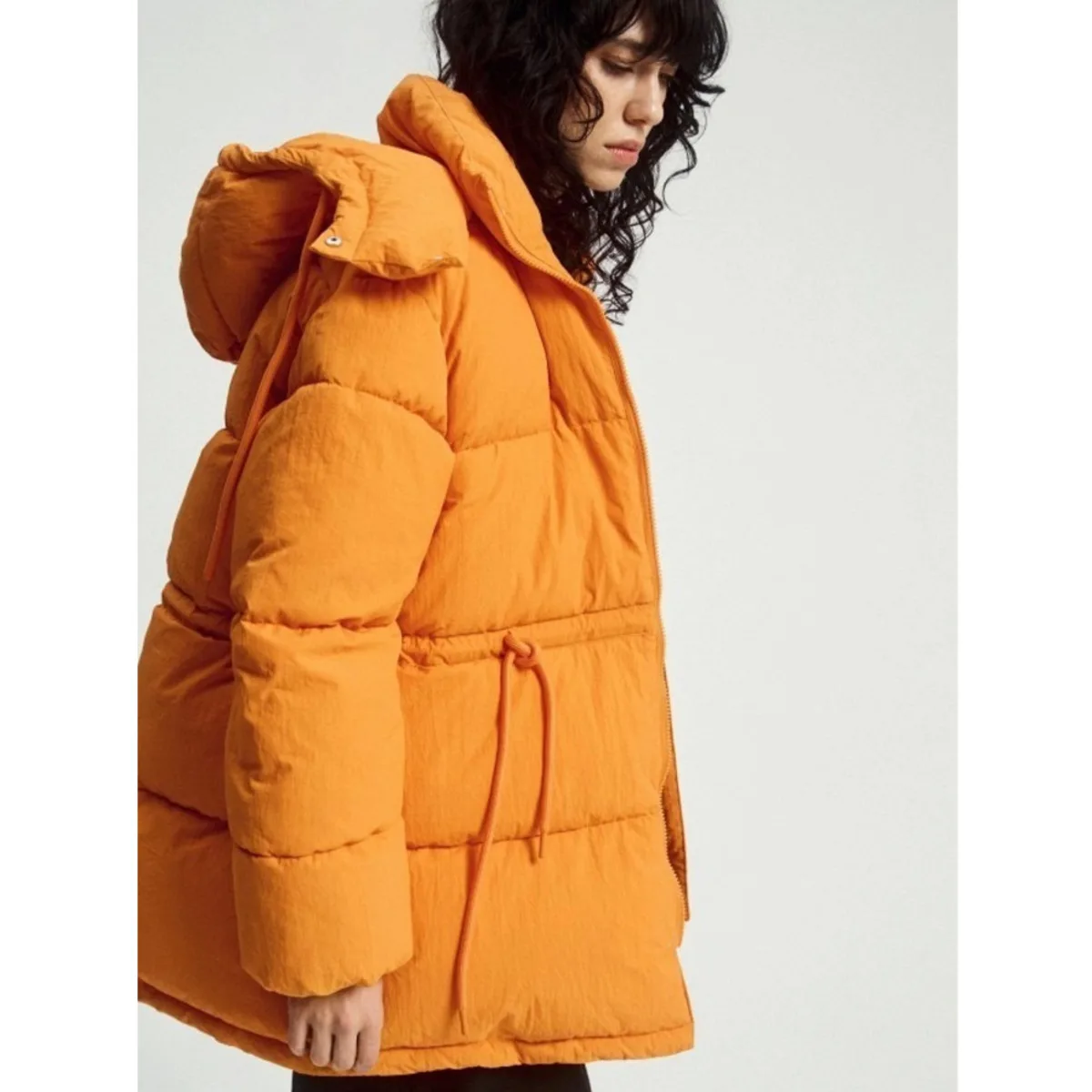 Women Drawstring Cinched Waist Mid-Length Puffer Jacket, Full Zip Side Pockets Quilted Padded Coat, Winter Warm Casual Outerwear