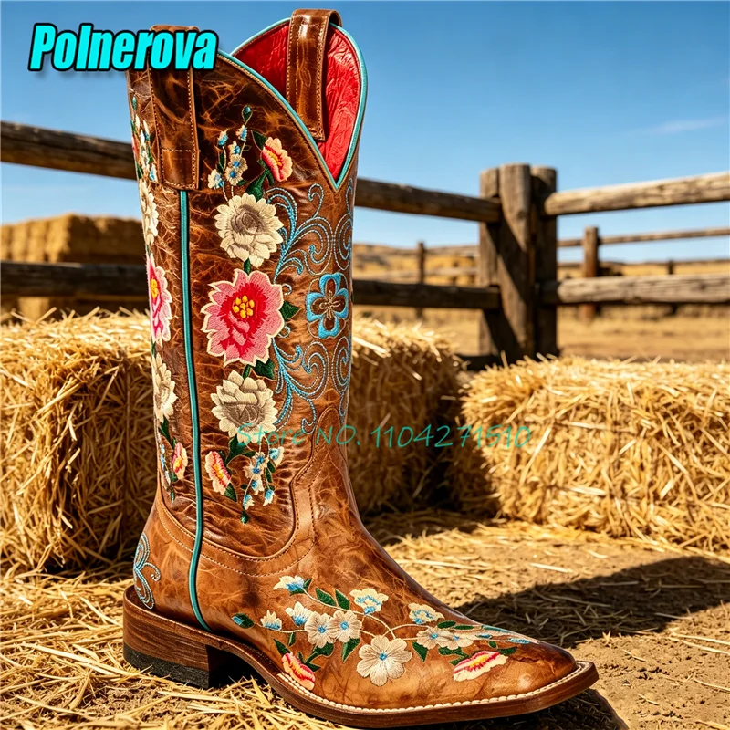 Vintage Embroidered PU Leather Knight Boots Brown Square Toe Thick Heel Western Boots Spring Autumn Outdoor Women's Shoes