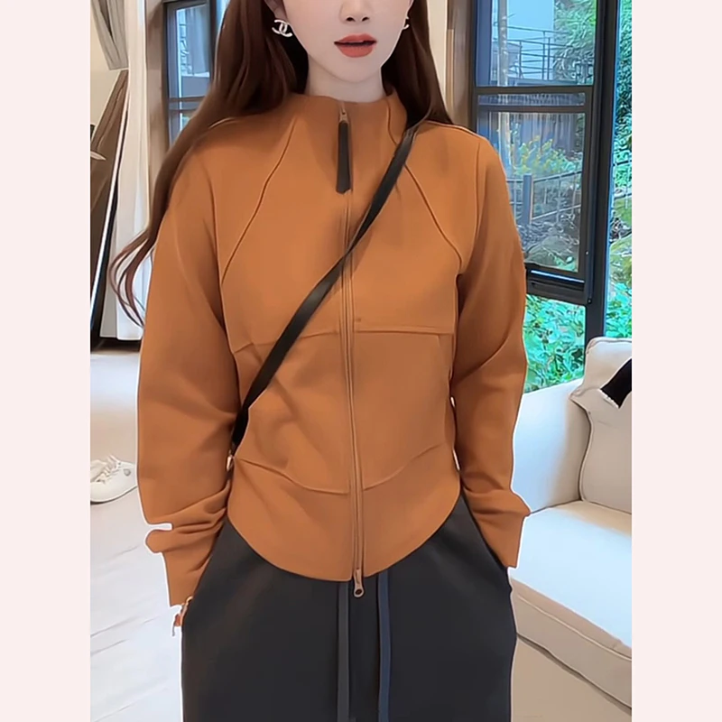 Ele Fce 라인드 후디 재킷 여성 슬림핏 따뜻한 캐주얼 스탠드 칼라 지퍼 가을 겨울 패션 아우터웨어 탑