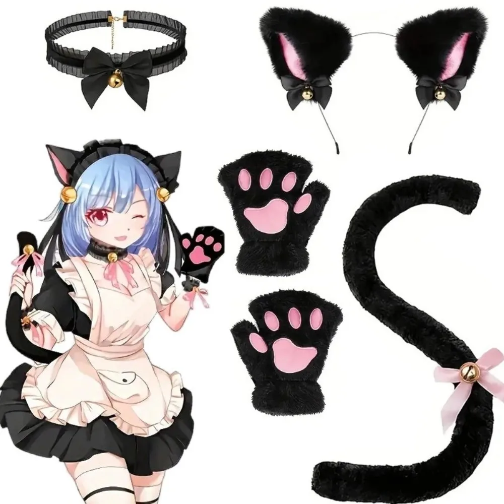 Funny Cat Woman Cat Ears Headband Set Bow Lolita Cosplay Headwear Plush Jk Halloween Dress Up Student