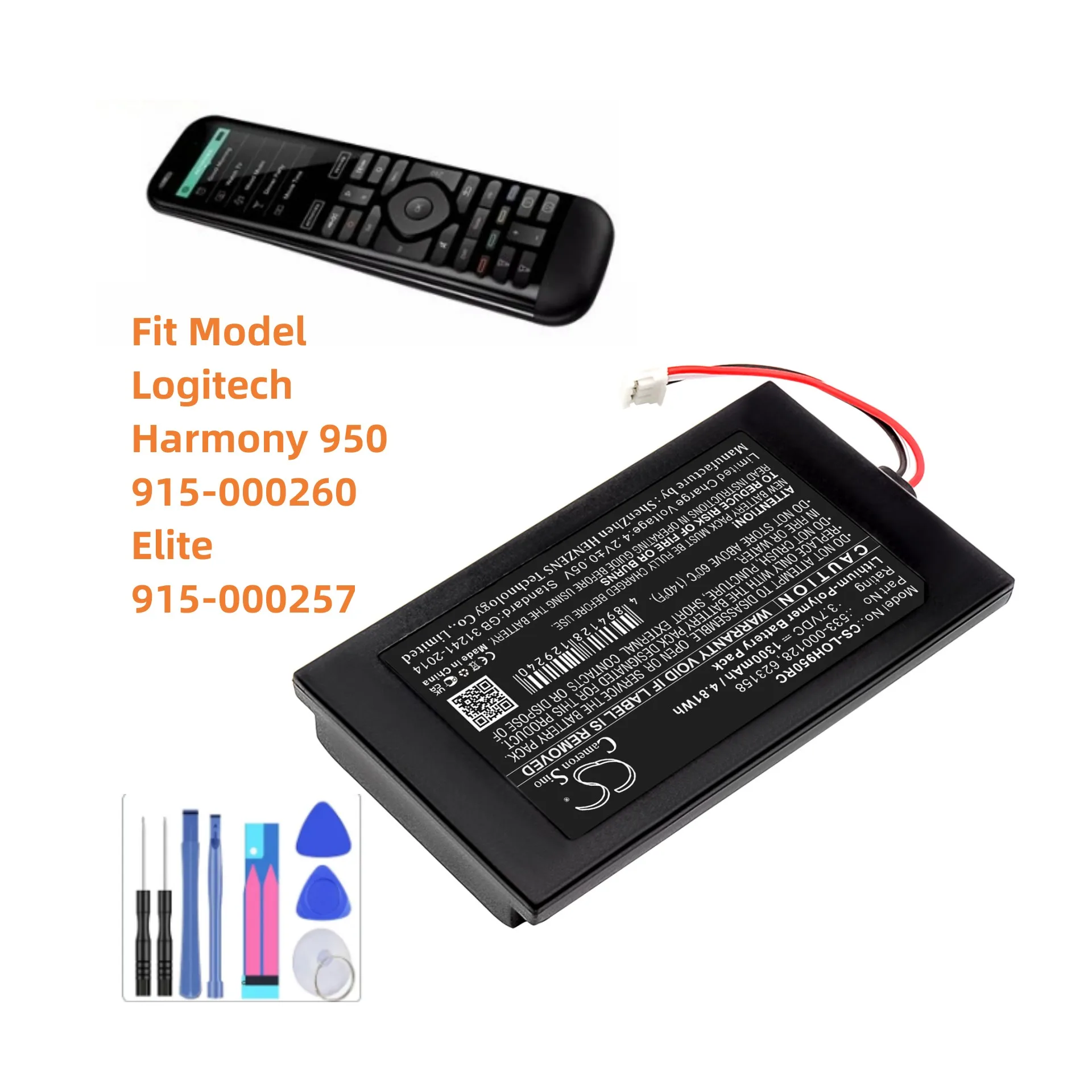 

Remote Control Battery For Logitech:Harmony 950,915-000260,Elite,915-000257,533-000128,623158,--1300mAh/4.81Wh--Li-Polymer--3.7V