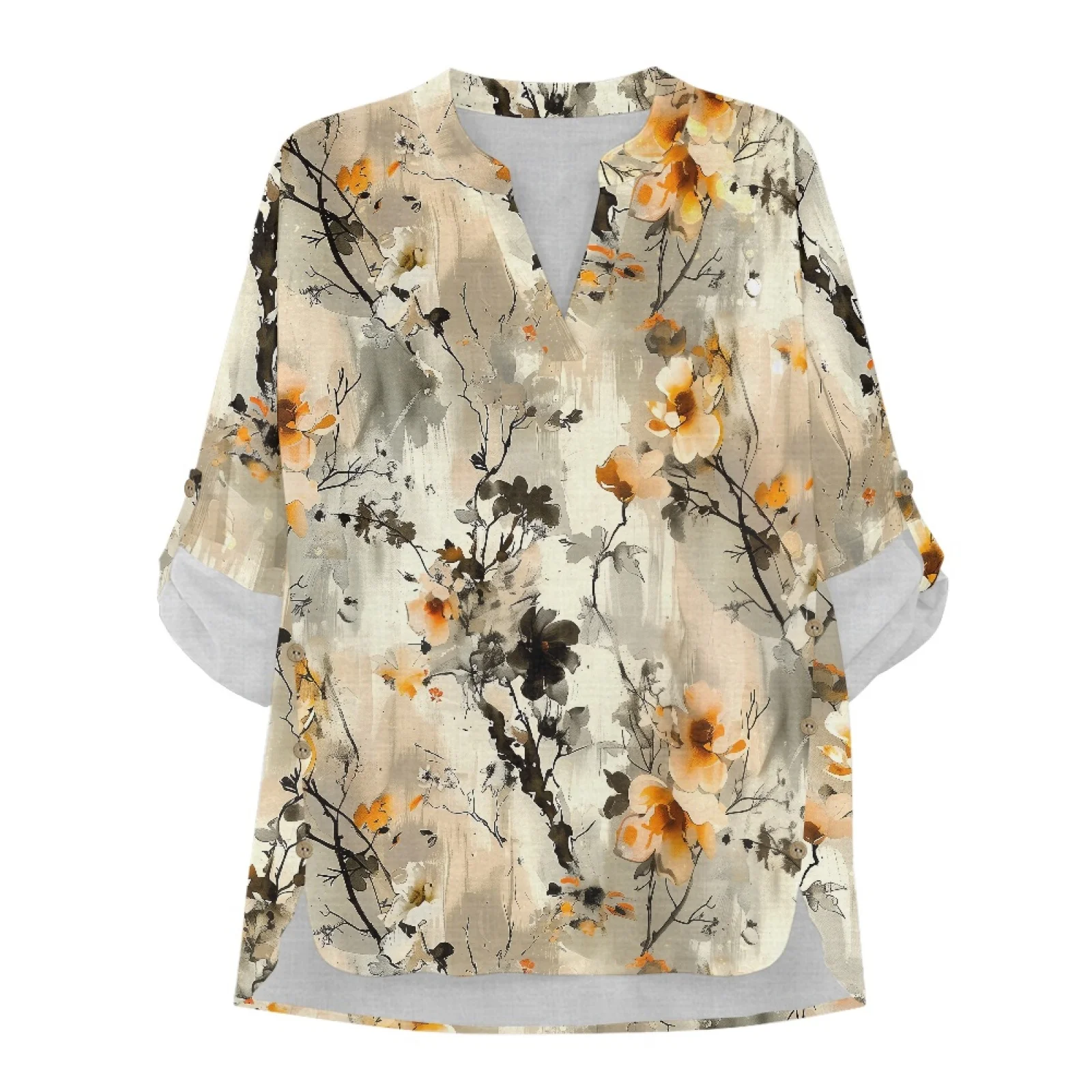 PENSTROLL Watercolor Floral Side Slit Casual Blouses for Women Linen Like V Neck Tunic Blouses V Neck Shirts view 4