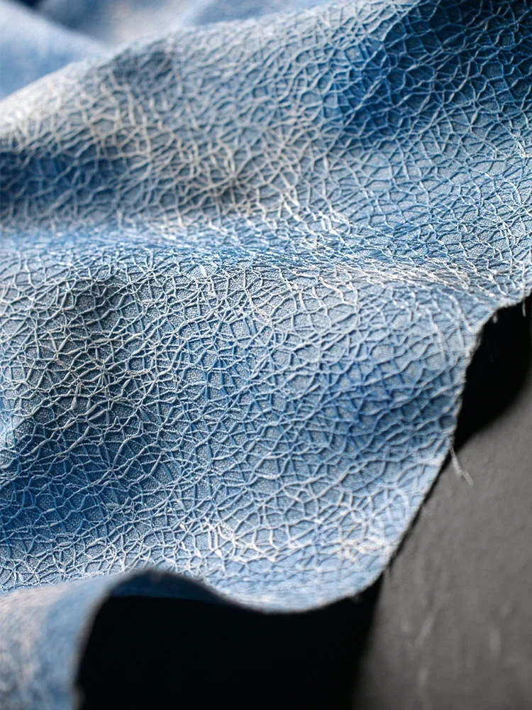 Gradient Blue Irregular Lace Mesh Jacquard Denim Fabric Diy Handmade Clothing Designer Fabrics