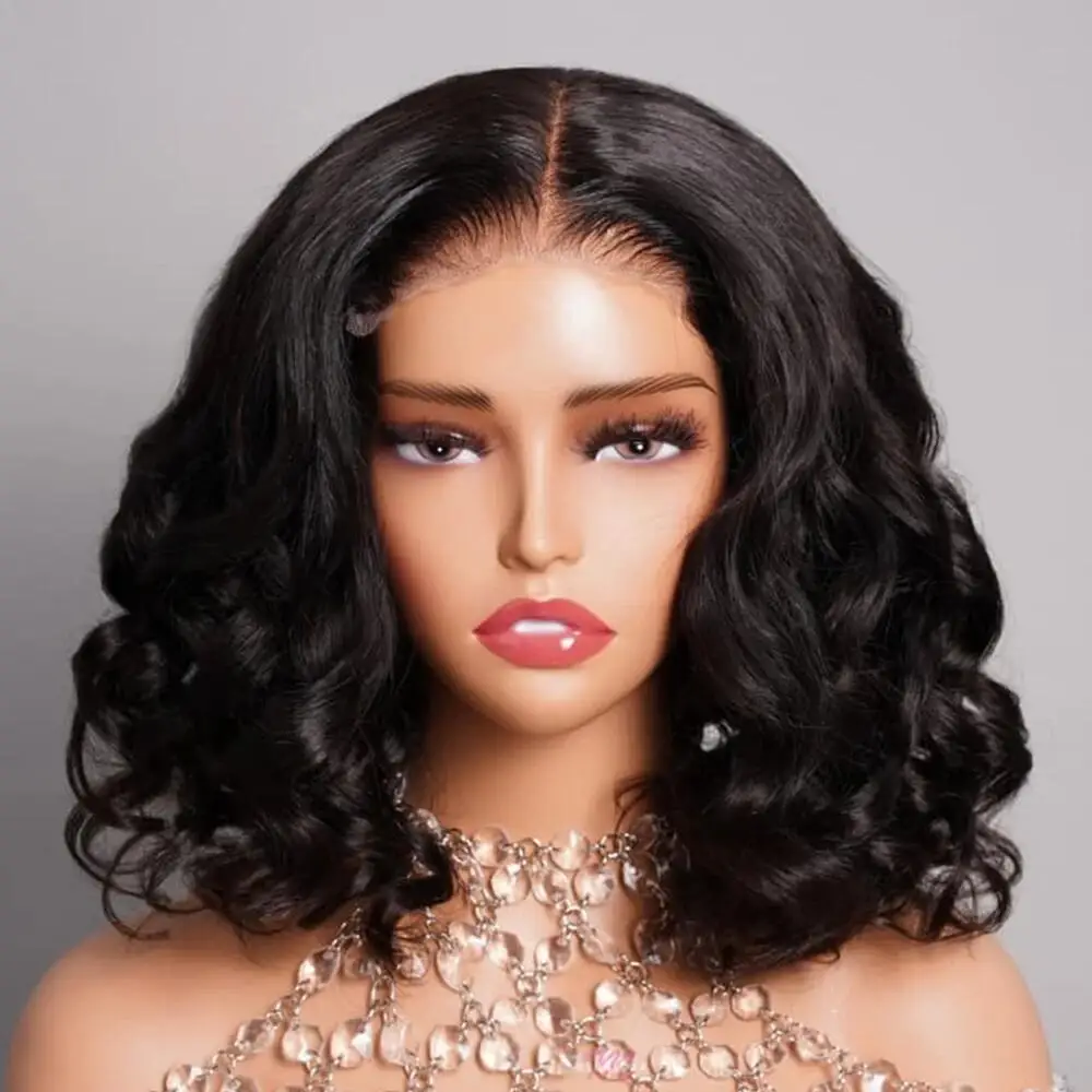 Perruque Deep Wave Lace Front Wig pour femme, cheveux courts et doux, cheveux de bébé préplumés, sans colle, noir naturel, 16 po, densité 180, 03