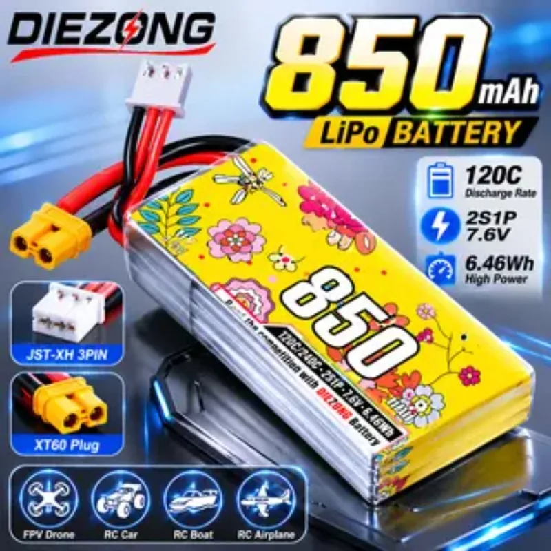 NOUVEAU 2026 Batterie Li-Ion 850mAh 2S 7.6V 120C à Charge Rapide, Haute Qualité, Autonomie Prolongée
