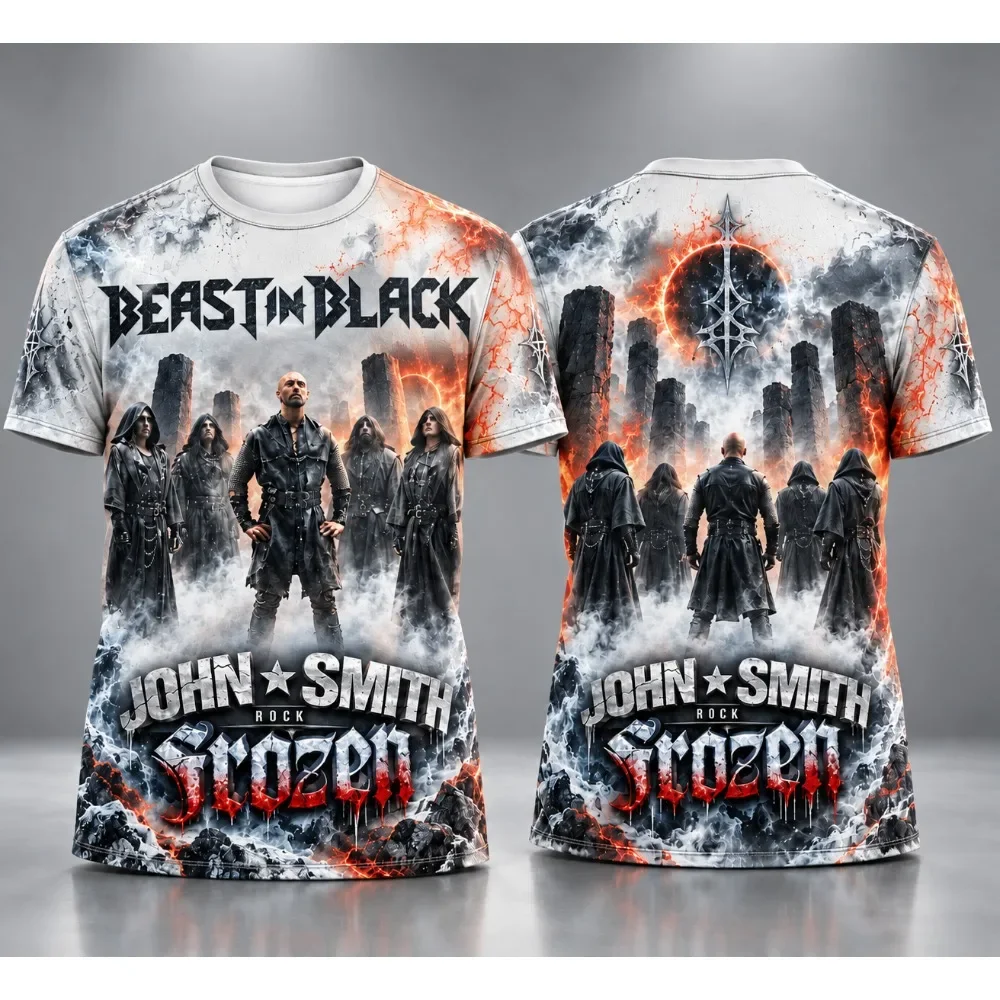 New Beast in Black John Smith Rock Print T Shirt Men Power Metal Band Graphic Tee Summer Short Sleeve Rock Music T-shirt