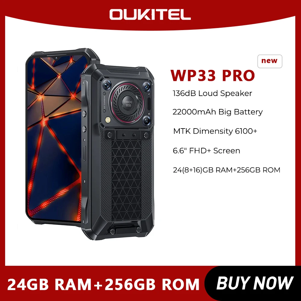 Rugged Smartphone Oukitel WP33 Pro 5G 24GB 256GB Mobile Phone 22000mAh 6.6