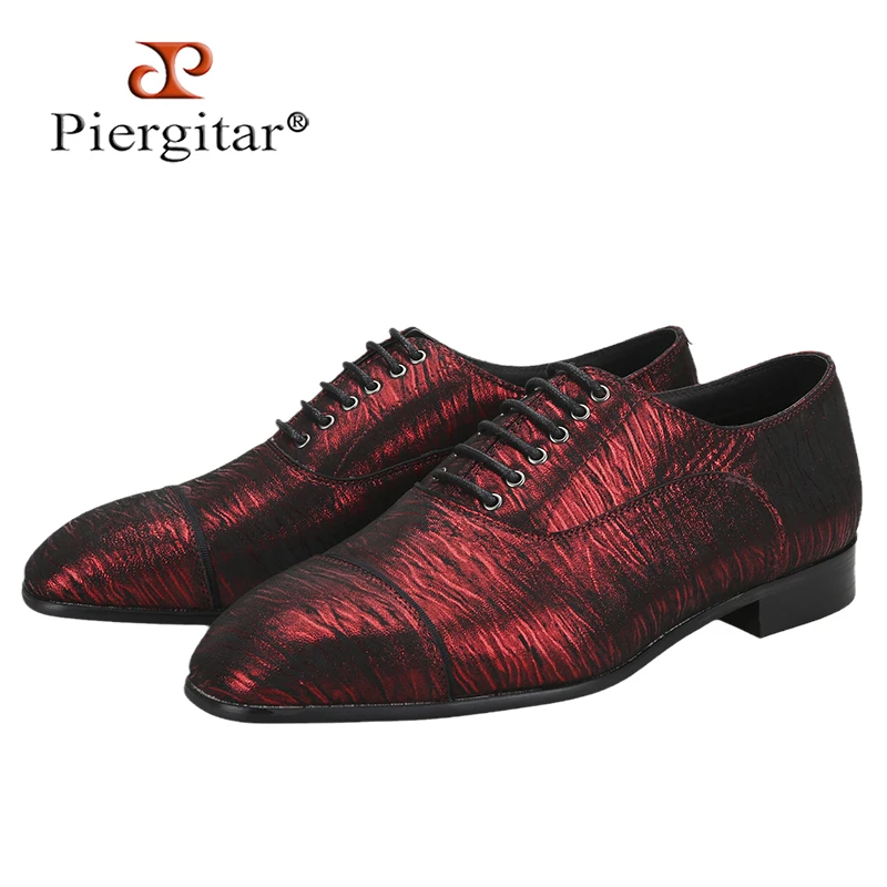 Piergitar Red And Black Striped Embossed Sheepskin Handmade Oxfords Lace-up Men's Formal Shoes Suitable For Wedding Suit Wear