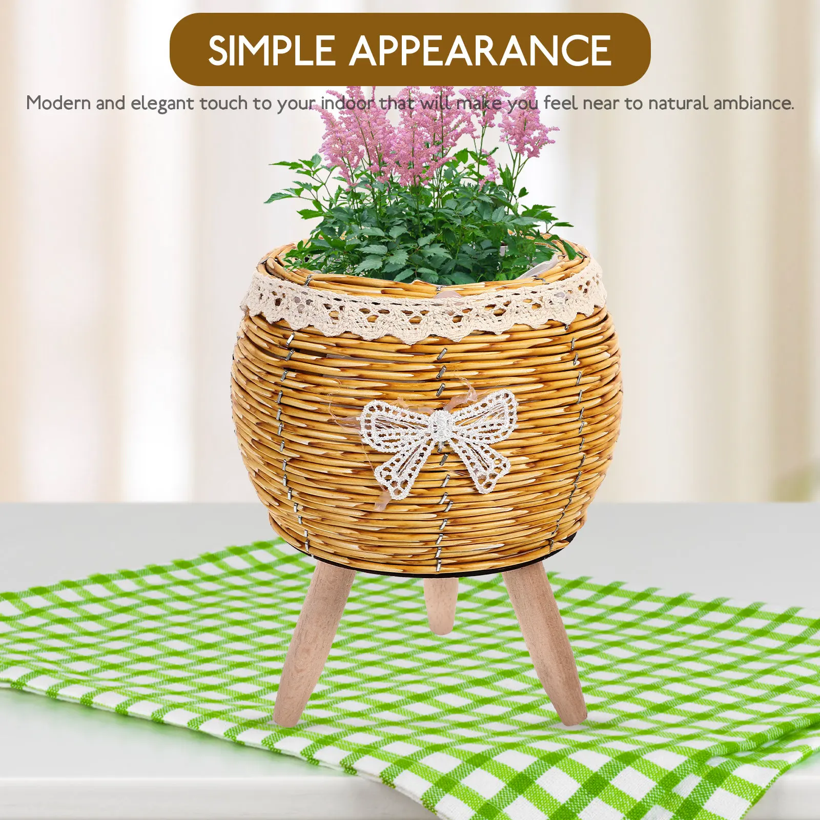 Wooden Straw Woven Flower Pot Holder Tripod Plant Stand for Indoor Living Room Kitchen Balcony Garden Home Decor Bonsai