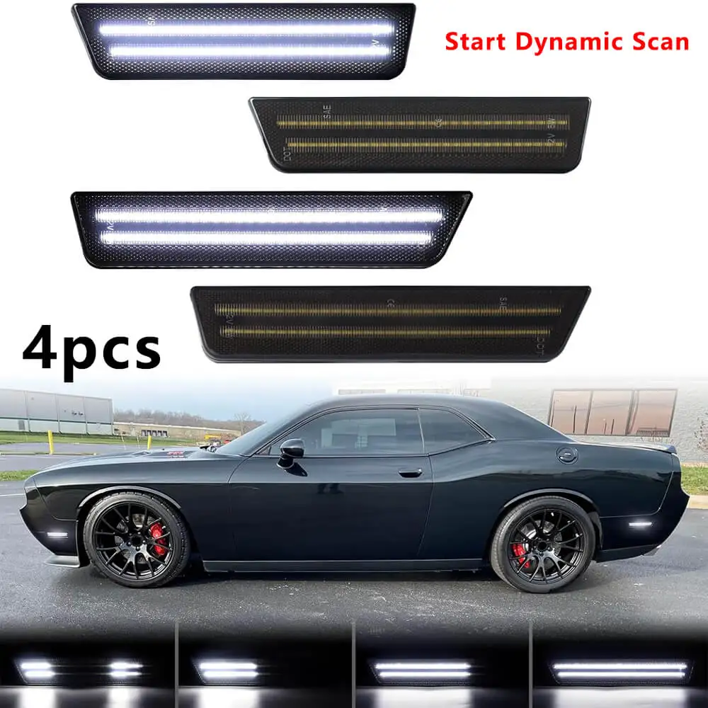 

4pcs Dynamic Scan White Driving Light Front Rear Bumper LED Side Marker Light For Dodge Challenger 2008-2014 & Charger 2011-2014