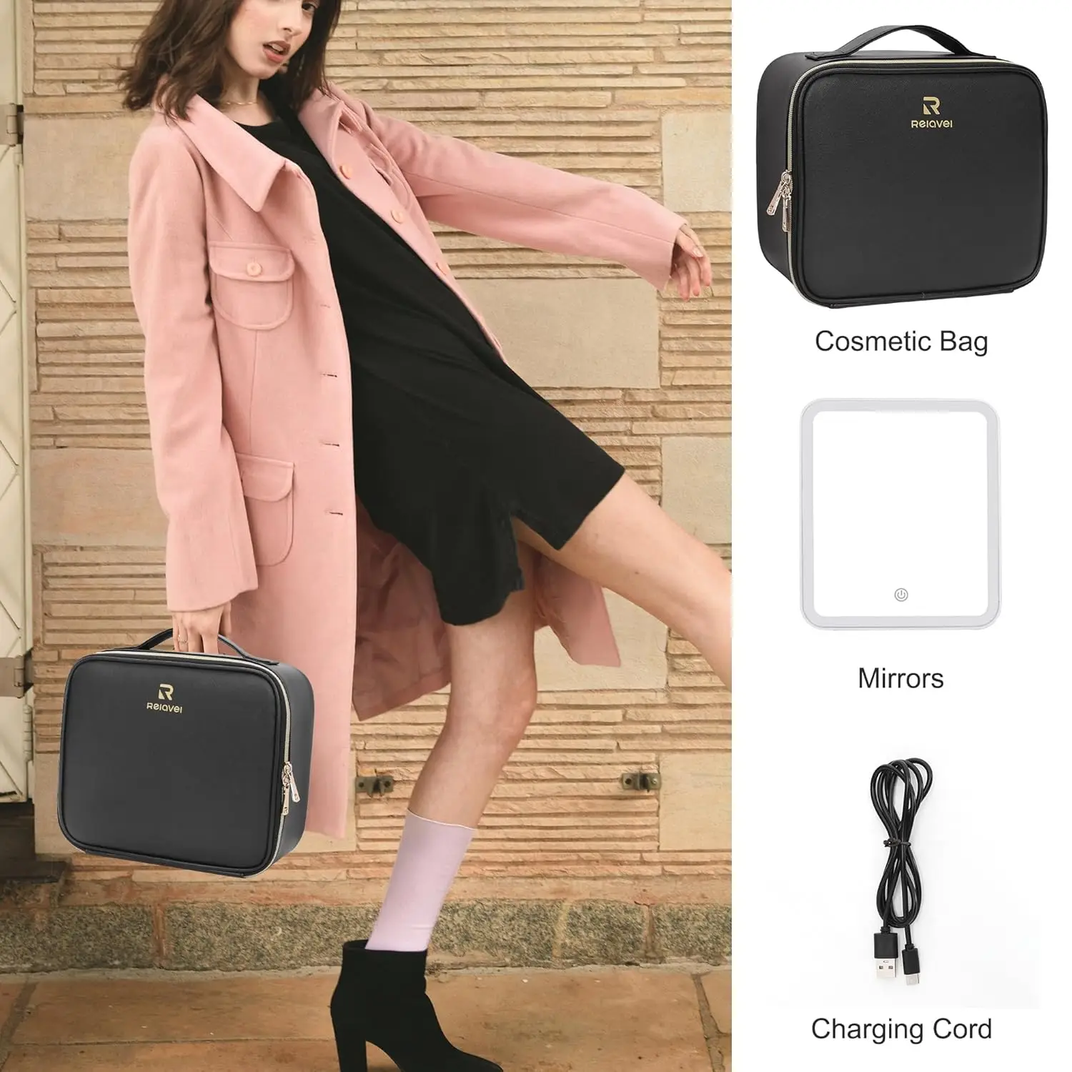 Portable Makeup Case with LED Mirror, Adjustable Dividers & Brush Holder - Black Cosmetic Organizer