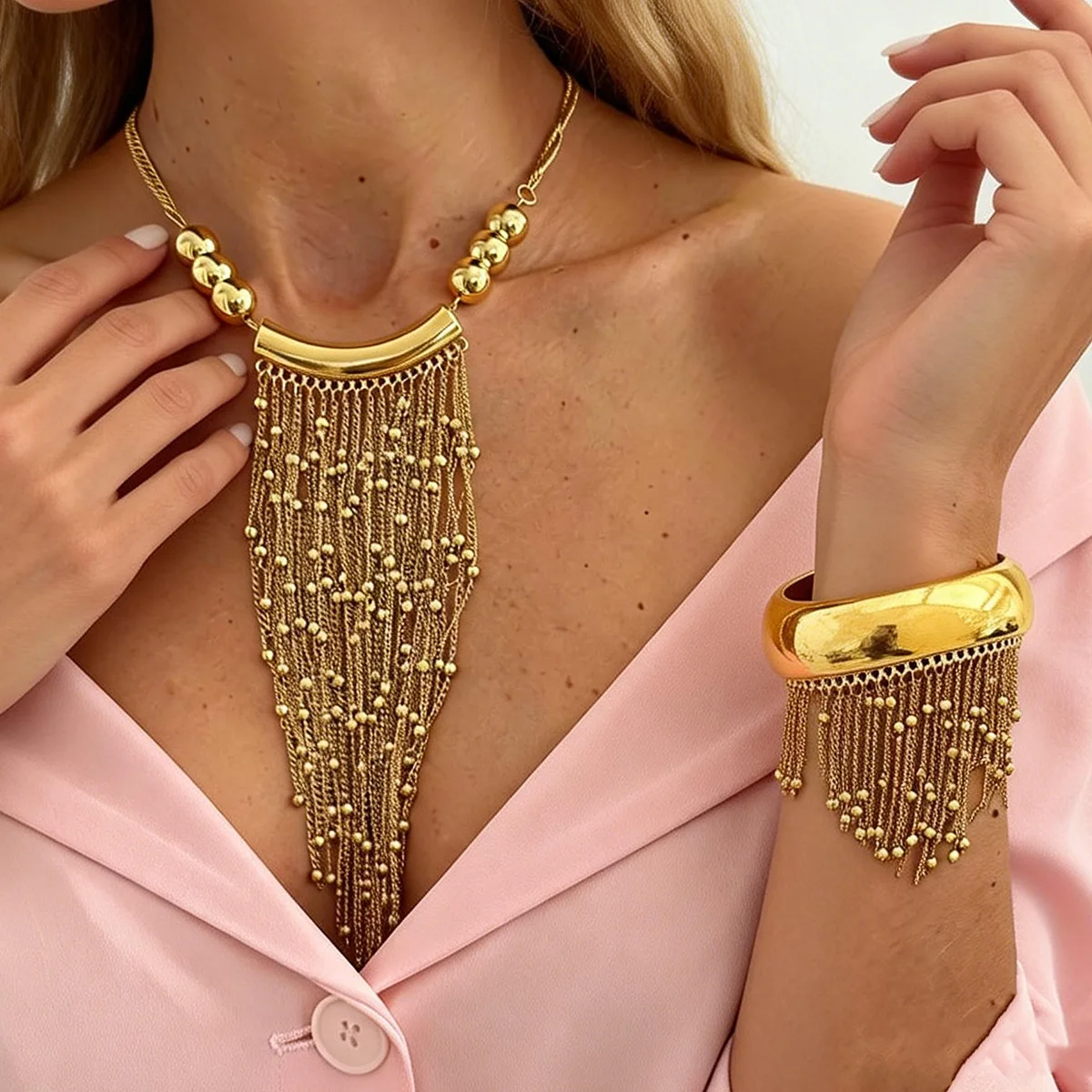 High Quality Beaded Tassel Necklace Waterfall Layered Chain for Women Creative Everyday Versatile Jewelry Simple Chains