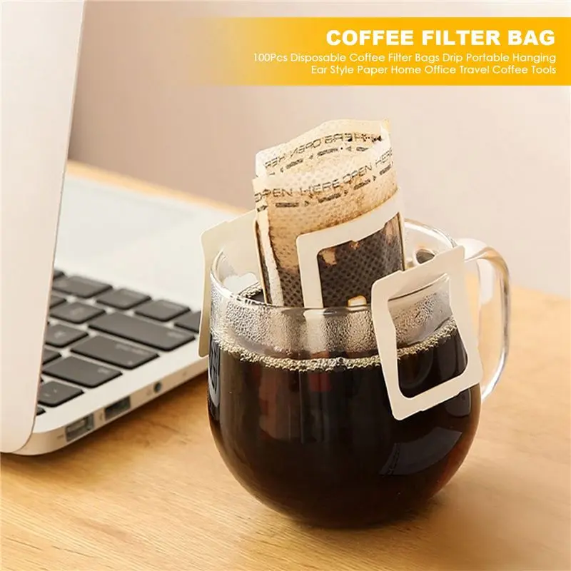A96K-100Pcs Disposable Coffee Filter Bags Drip Portable Hanging Ear Style Paper Home Office Travel Coffee Tools