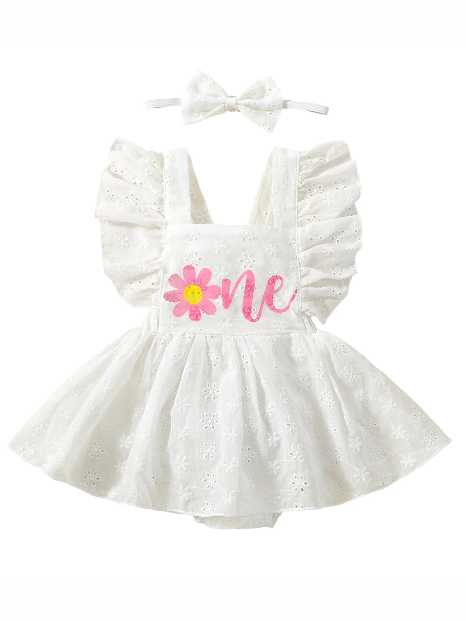 Cute Princess Floral Lace Romper Dress with Ruffle Fly Sleeve and Bow Headband for Baby Girl s Birthday Celebration