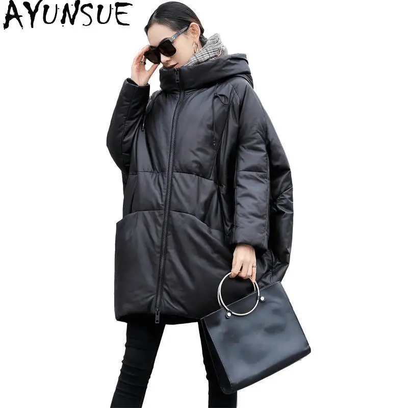 AYUNSUE 정품 가죽 다운 재킷 여성 겨울 의류 2025 후드 양피 코트 여성 90% 화이트 오리 다운 Jaqueta Couro