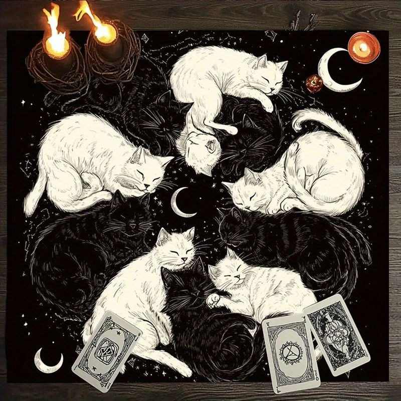 1pc Black and White Cat Moonlit Dream Tarot Tablecloth, Altar Cloth for Divination and Prediction Card Games, Party Supplies