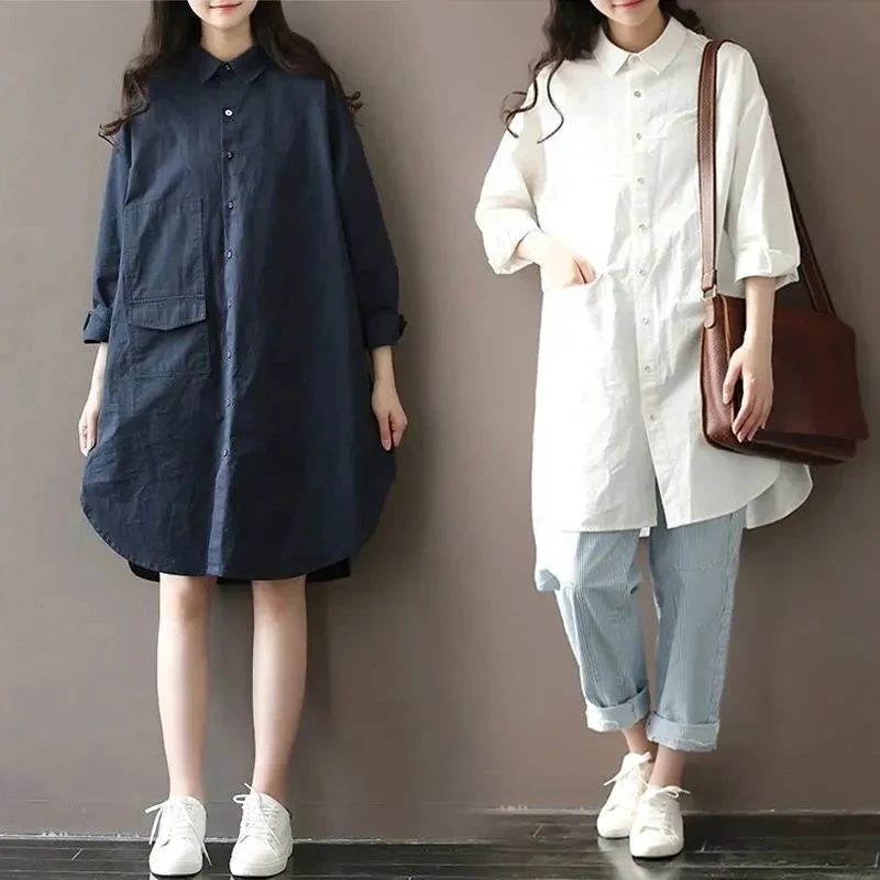 

Японский Sle Long Sve, хлопок и лен, однотонный, длиной миди, женский модный верхний воротник и пуговицы