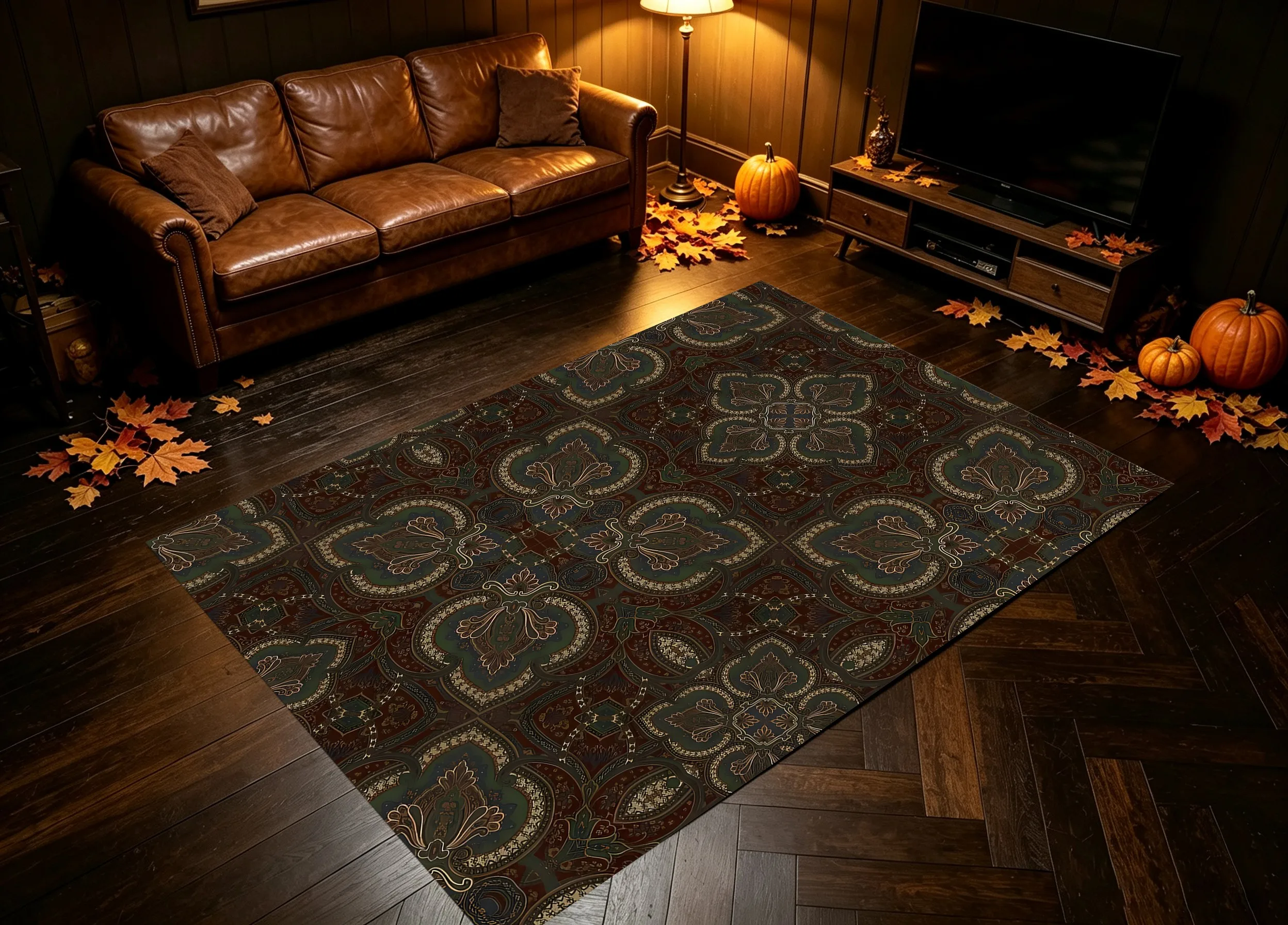 Retro Symmetrical Exotic Totem Mid-Century Christmas New Year Velvet Rug for Living Room, Bedroom and Leisure Area, High-End