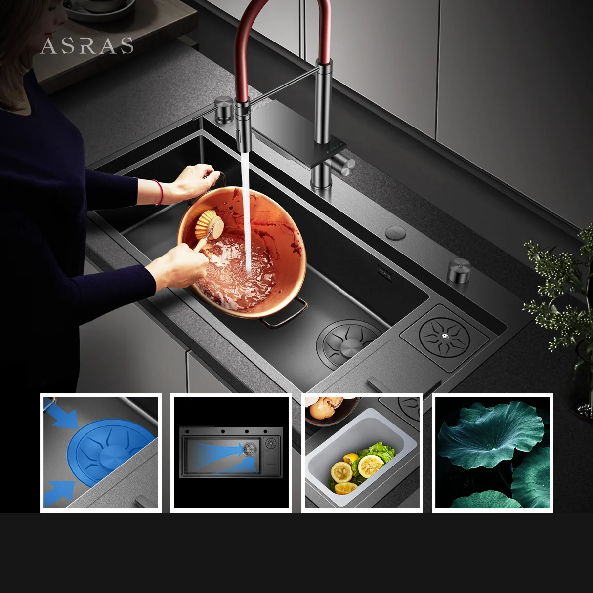 ASRAS Kitchen Sink Handmade Nano Grey Large Single Sink with Built in Garbage Can and Cup Cleaning Device