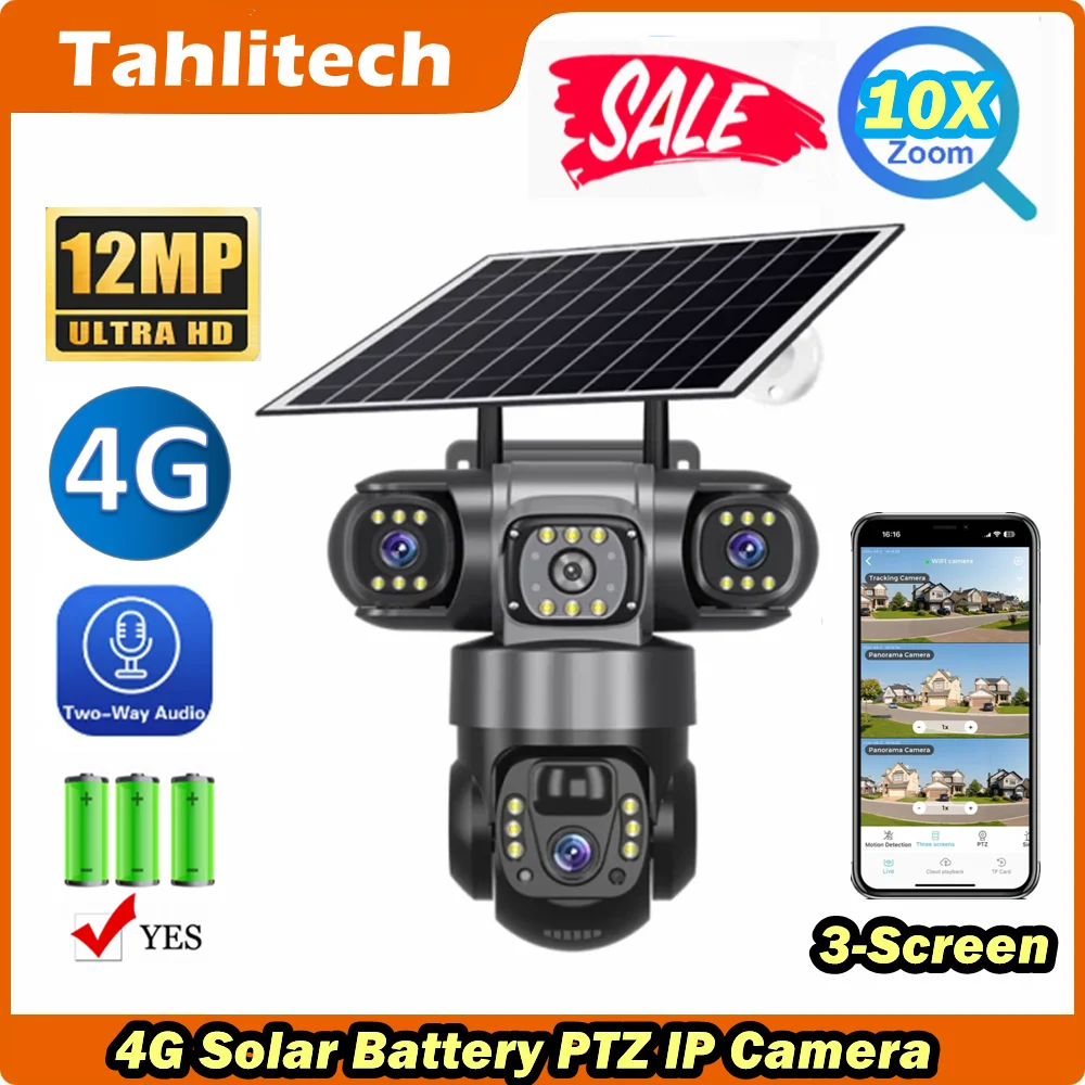 

V380Pro Солнечная камера с тройным объективом 4G для улицы, 12 МП, 10-кратный зум, тройной экран, PIR, обнаружение движения, охранное наблюдение, IP66, PTZ-камера