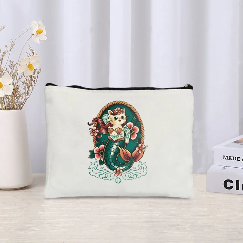 Fox Print Canvas Bag Organizer Retro Zipper Perfume Lipstick Cosmetic Bag Sundries Stationery Office Supplies Storage Pencil Bag