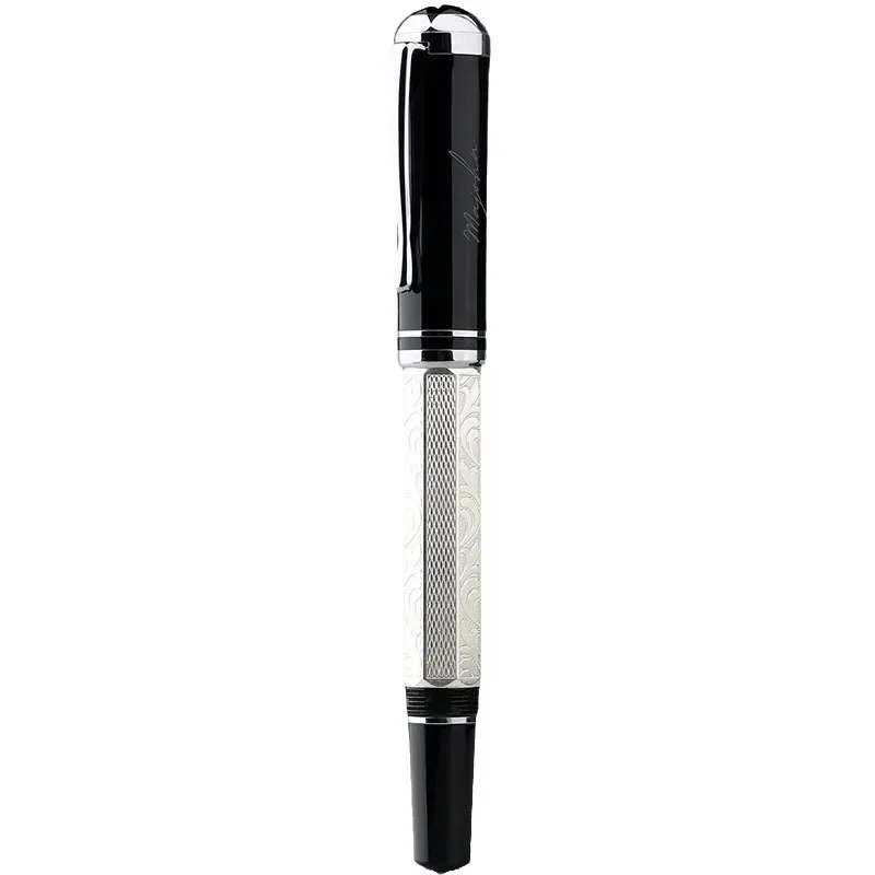 MAJOHN P138 Metal Fountain Pen Classical Piston Ink Absorbing No.6 Nib Octahedral Etching Pattern Silver Plated Writing Gfit New