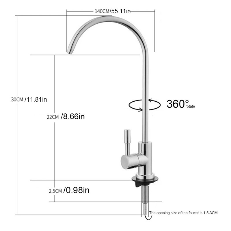 Robinet de filtre à eau en acier inoxydable pour évier de cuisine, Rotation, Connexion rapide, Eau potable, 1/4 po