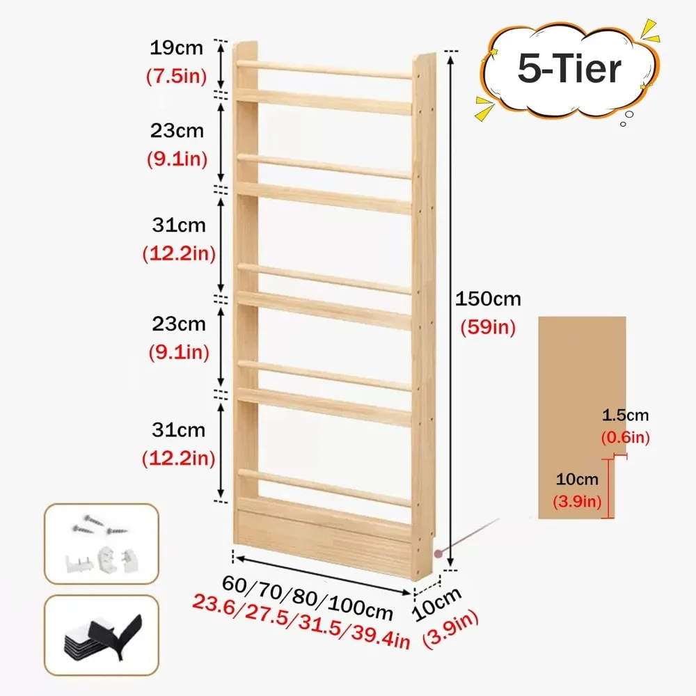 Door Behind Magazine Organizer Rack, 3/4/5 Tier Against The Wall Ultra-Thin Wooden Bookshelf for Indoor Narrow Space