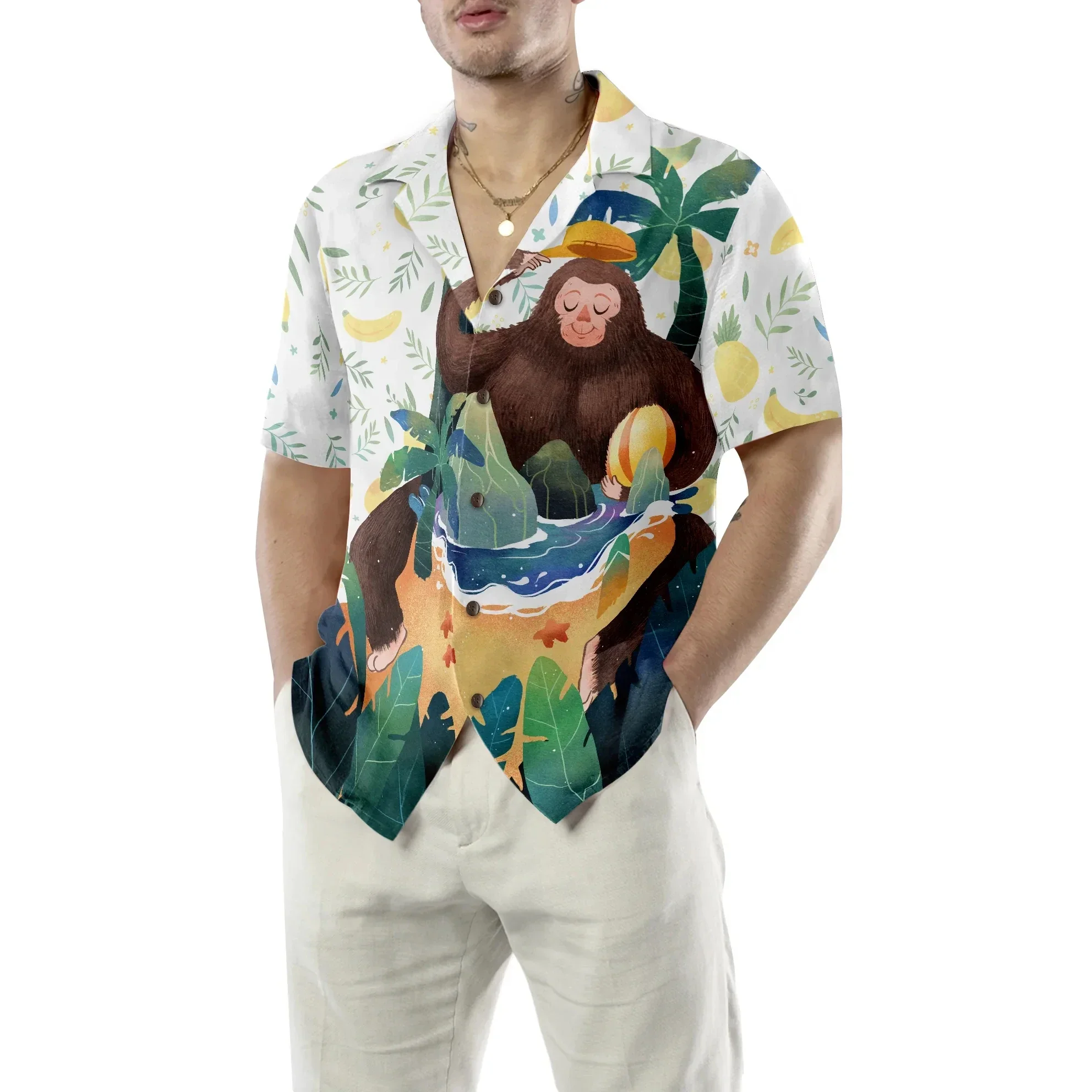 

Men's T-shirt Summer Men's Fashion Design T-shirt 3D Island Ape Man Palm Tree Print T-shirt Outdoor Top Casual Hawaiian T-shirt