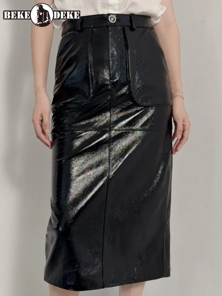 Concise Style Solid Color High Waist Genuine Leather Straight Skirt Slim Button Pocket Sheepskin Over Knee Ladies Skirts