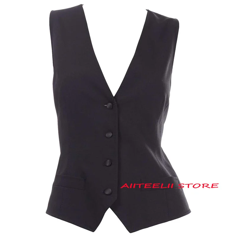 

Women's Suit Vest V-Neck 4 Button Formal Workwear Black Sleeveless Jacket Lady Waistcoat