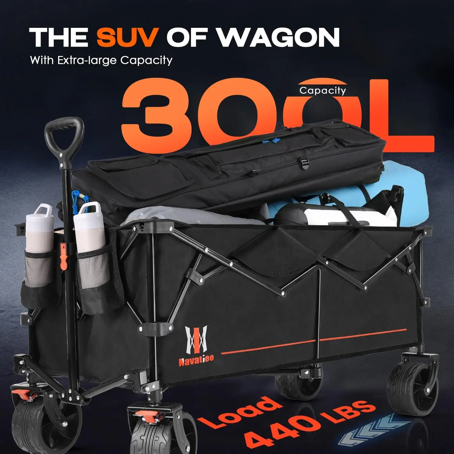 300L Large Collapsible Wagon Cart Foldable, 48''L Folding Extended Beach Wagon with 440LBS Weight Capacity and Big All-Terrain W