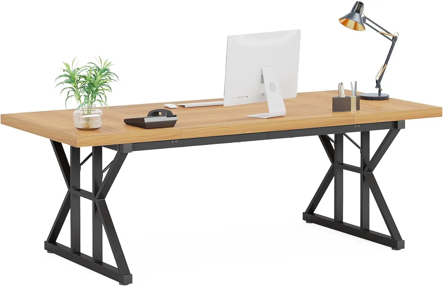 Little Tree 70.8-Inch Large Executive Desk, Modern Computer Office Desk, Wooden Writing Desk Study Table For Home Office, Light