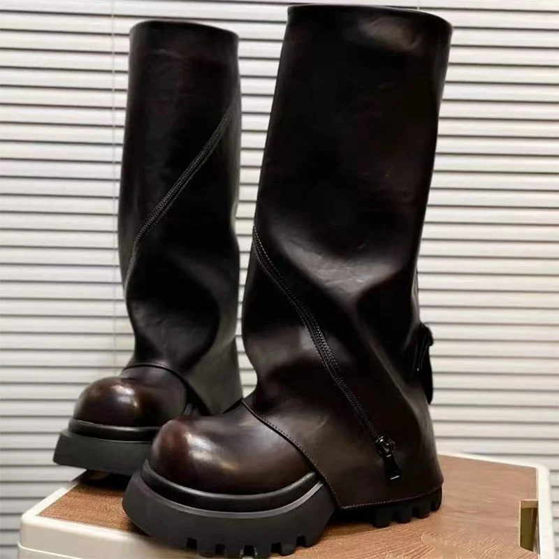 

Platform Women's High Boots High Heels Designer Zipper Leather Shoes 2025 Winter Fashion Knee High Boots New Trend Mujer Botas
