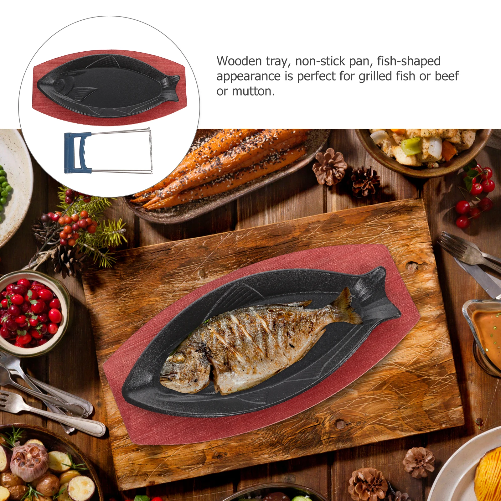 

Fish Shaped Pan Non stick Wooden Tray Cast Iron Baking Grill Plate Practical Fry Use Premium Heat Conduction