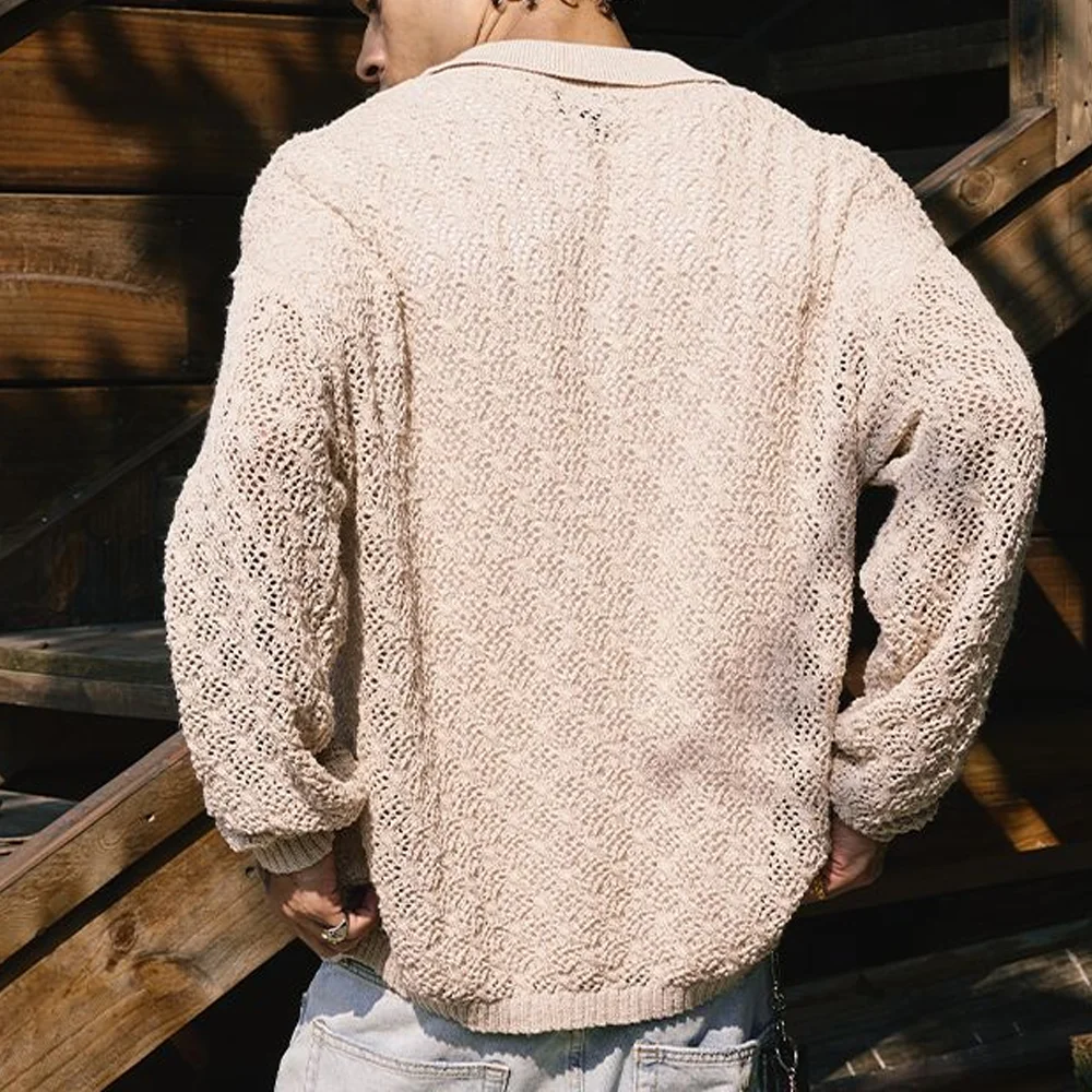 Men's Hollow Out Knit Sweater Casual Loose Fit Breathable Mesh Texture Long Sleeve Streetwear Pullover Top 2026 New