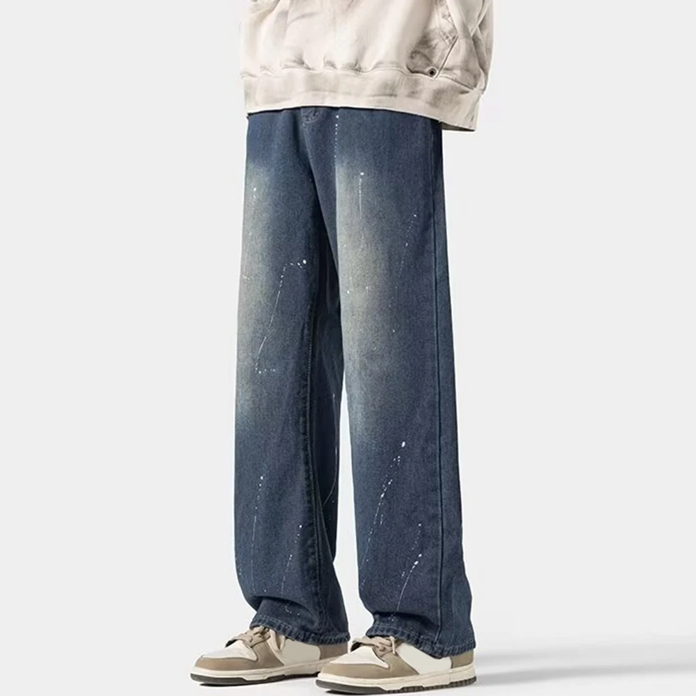 

Washed Trendy Pants Ink Splashed Trousers Casual Outings Medium Waist Slight Stretch Fabric Versatile Fit Pants