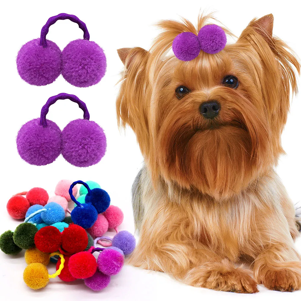 20pcs New Dog Double Plush Elastic Solid Hair Ball Pets Grooming Bows for Small Dogs Cat Bows Dog Hair Accessories Wholesale