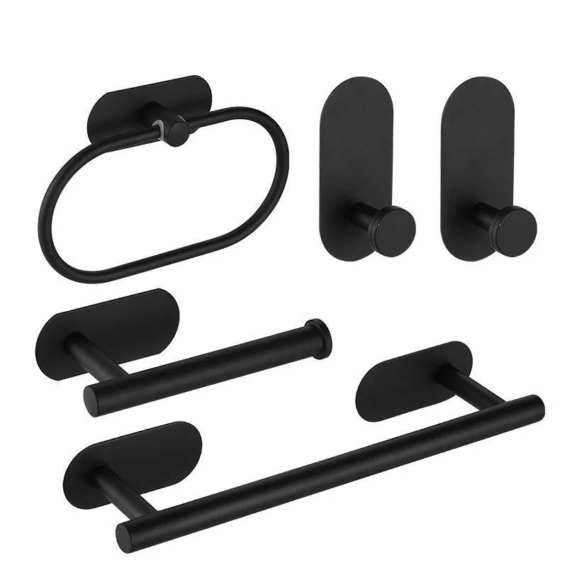 YCRAYS No Drilling Black Bathroom Accessories Sets Toilet Tissue Roll Paper Holder Towel Rack Bar Rail Ring Robe Hook Hardware