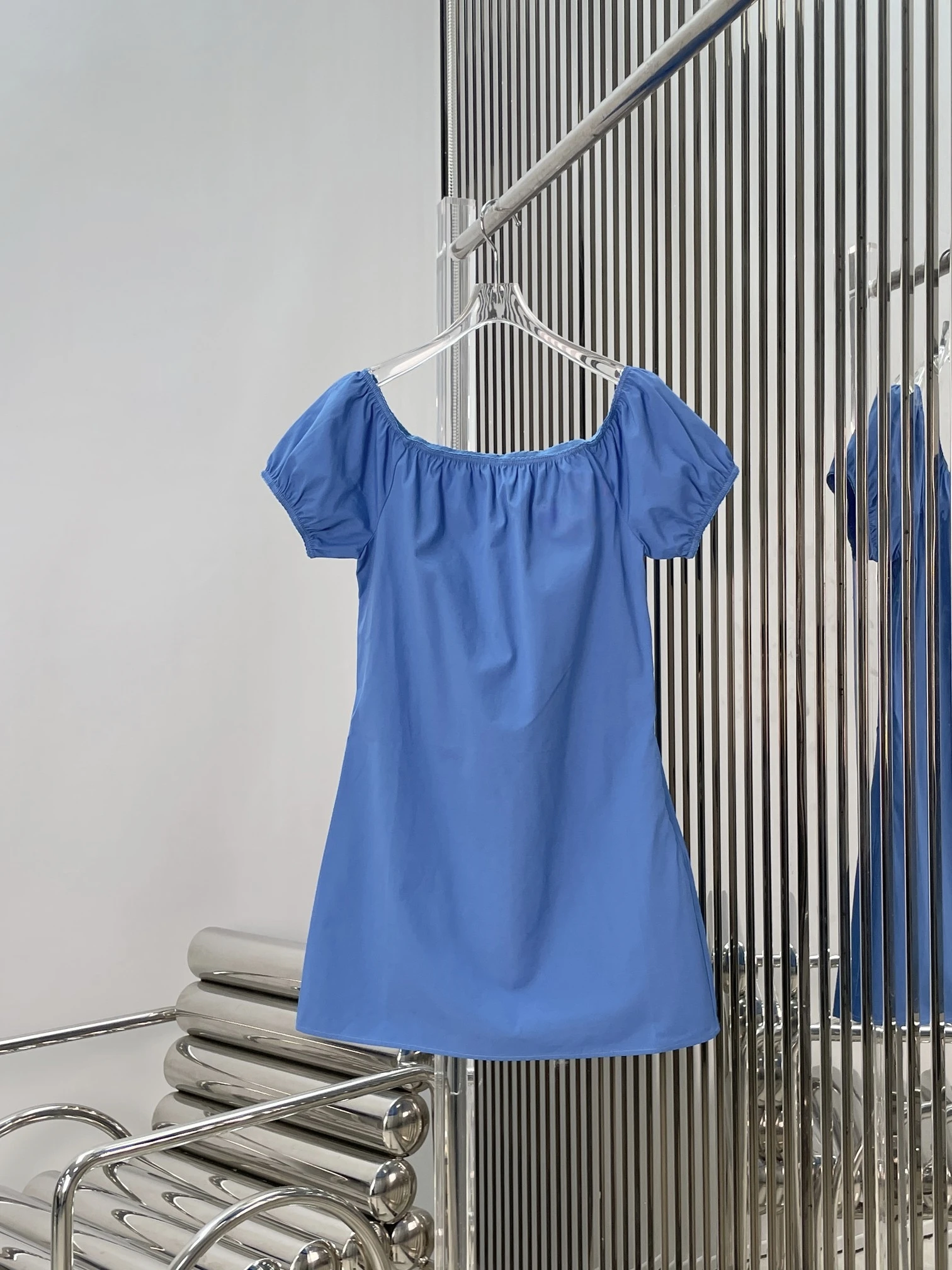 

Fashionable Retro Blue Bubble Sleeve One Shoulder Dress Women's High Waist Cotton Casual Summer Dress Slimming A-Line Dress